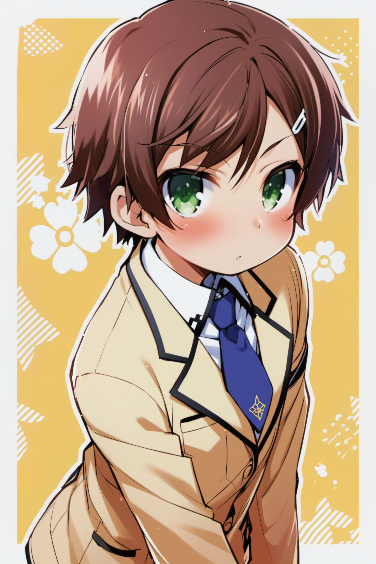 22382-1391521169-Kinoshita Hideyoshi, 1boy, male focus, solo, green eyes, school uniform, brown hair, hair ornament, hairclip, necktie, blush, ak.png